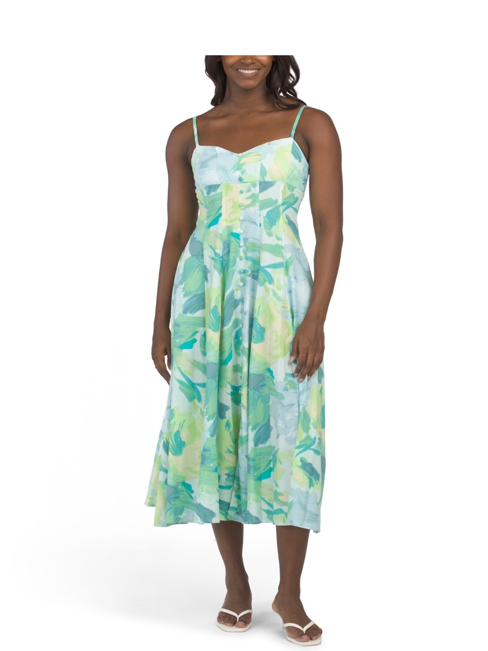 Taylor Green & Blue Linen Print Midi Dress